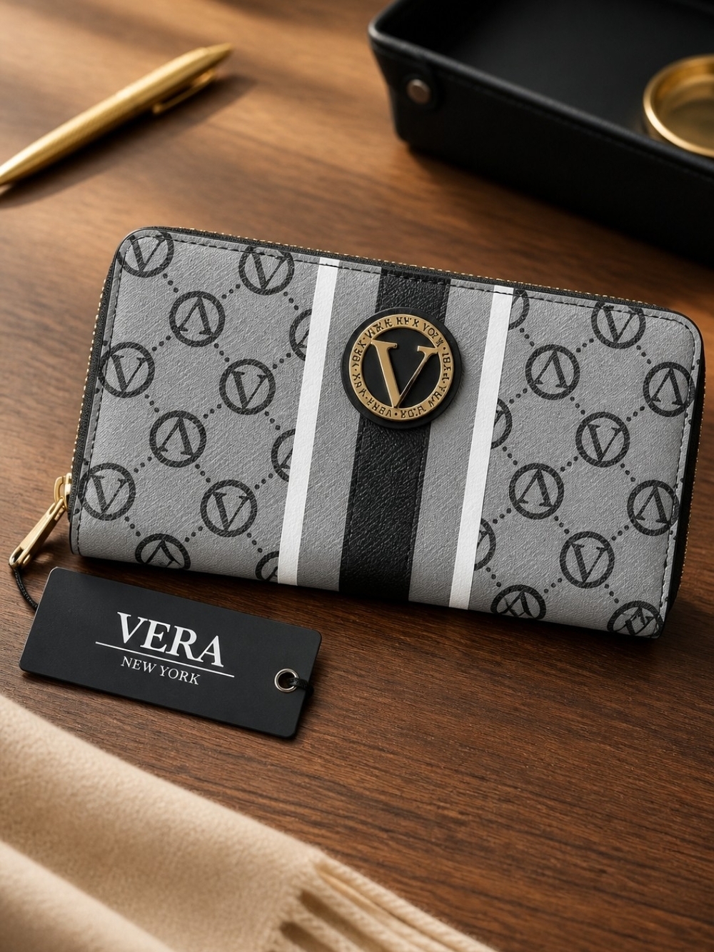 Vera New York Signature Monogram Zip Wallet in Gray & Black